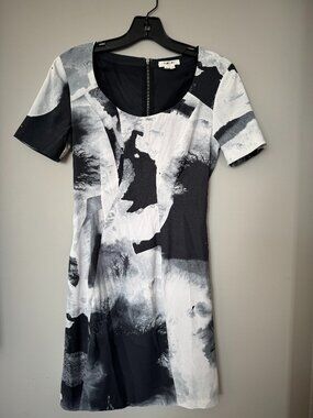 Helmut Lang Aura Print Silk Blend Shift Dress - Black & White Watercolor - Size